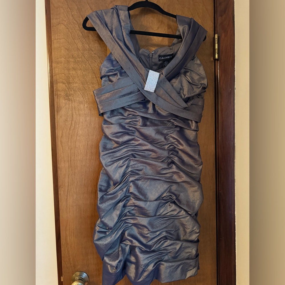 Cachet Metallic Gray Ruched Mini Dress
